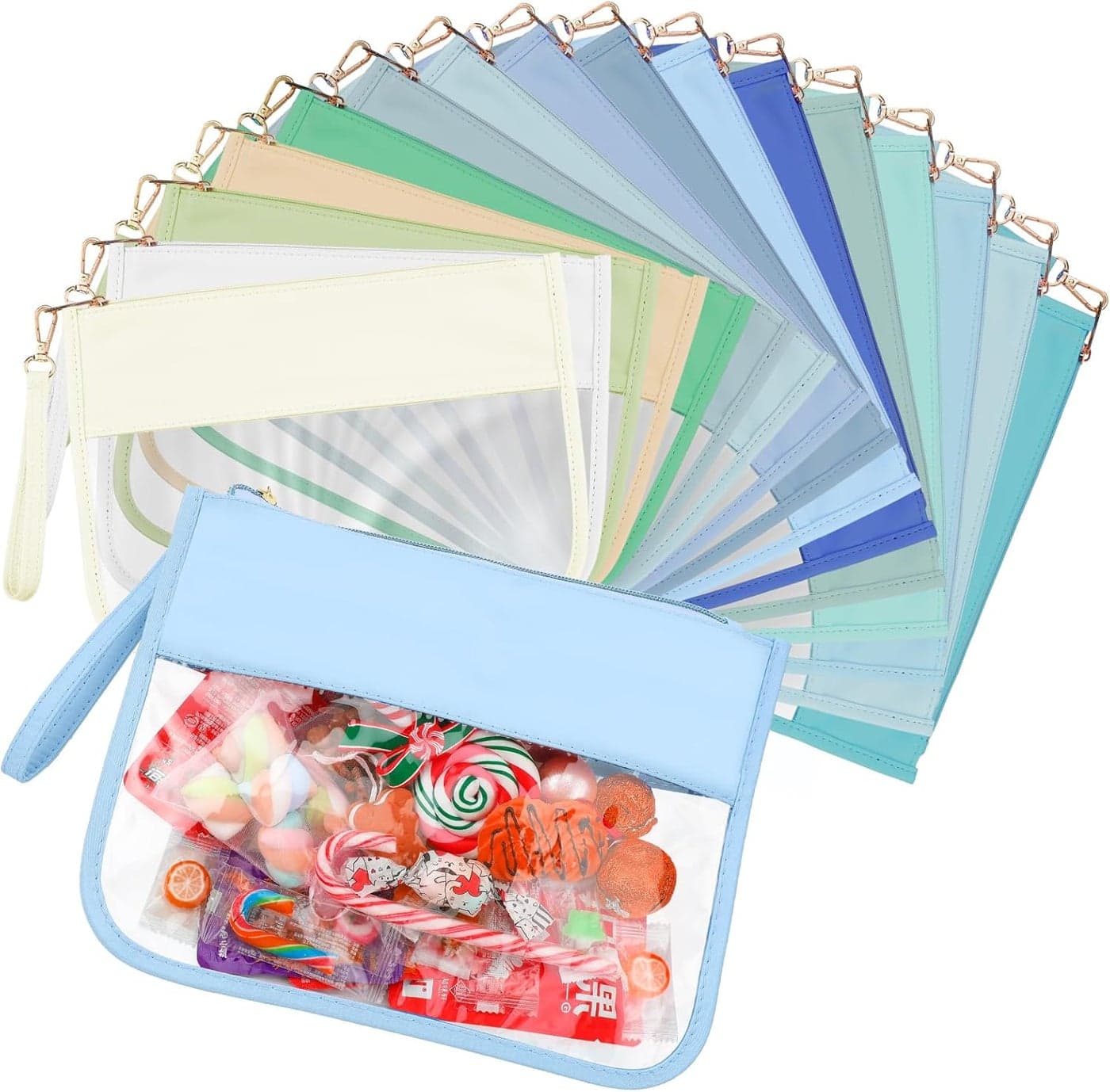 Irenare 16 Pcs Clear Makeup Bag Toiletry Flat Zipper Pouch Preppy Waterproof Clear Cosmetic PVC Pouch with Wristlet Toiletry DIY Chenille Letter Snack Bag for Women(Blue Series)