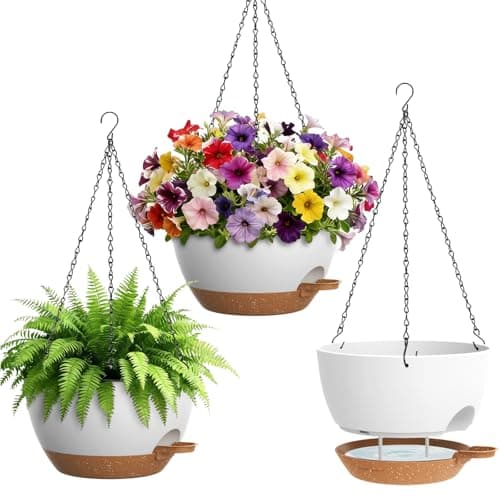UOUZ Set of 3-10 Inch Self Watering Hanging Planters for Indoor Outdoor,Hanging Plant Pots with Drainage & Removable Tray, Hanging Pots Holder for Pothos Plant, Ferns, Balcony & Patio,White with Brown
