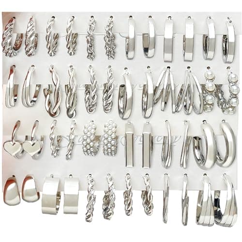 IFKM 24 Pairs Silver Hoop Earrings Set For Women Hypoallergenic Chunky Chain Twisted Open Hoops Dangle Earring Packs For Birthday Party Christmas Fashion Jewelry Gift