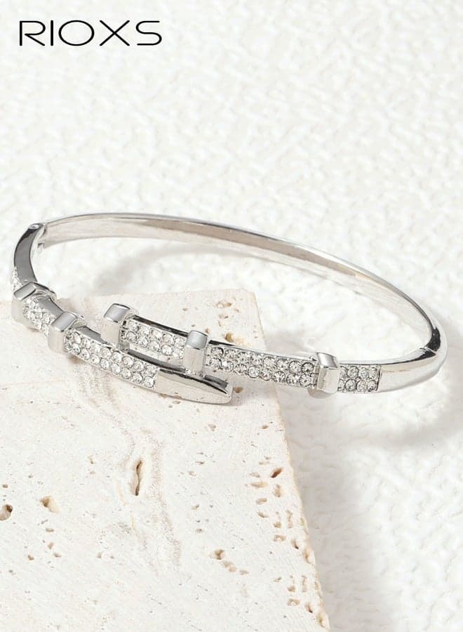 Women Rhinestone Cuff Bangle with Opening Design, Silver Plated Adjustable Open Cuff Dainty Sparkly Bridal Bracelet for Wedding Birthday Gift