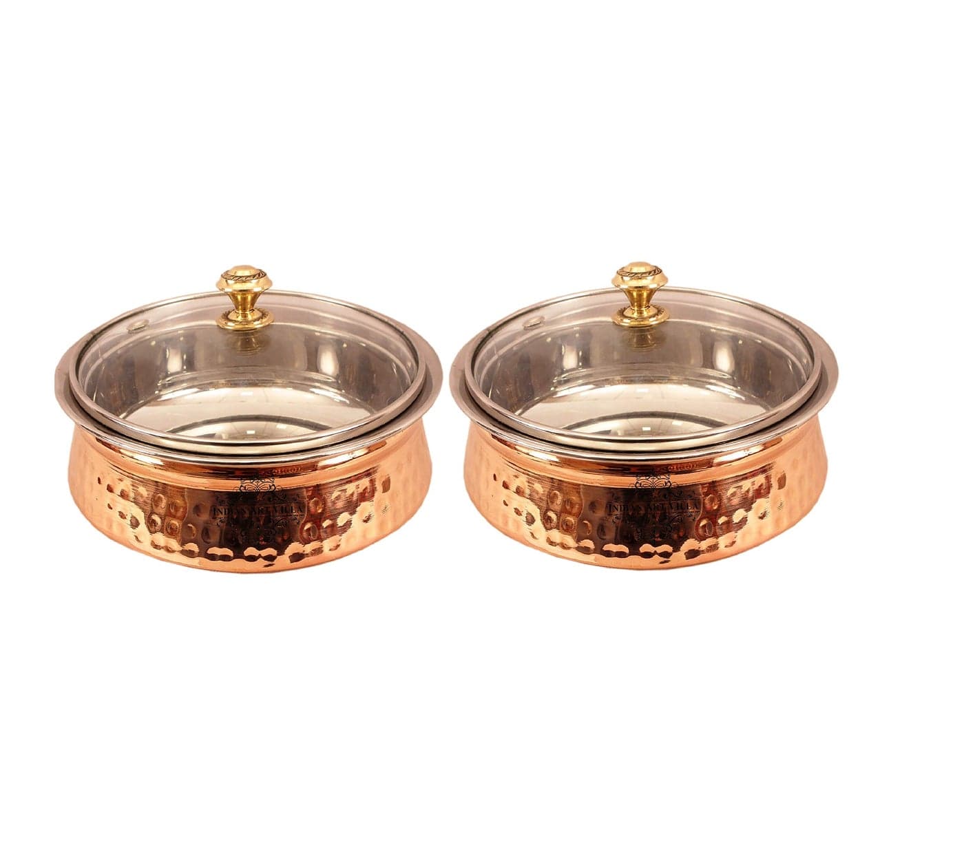 INDIAN ART VILLA Steel Copper Hammered, Polished Serving Handi with Glass Lid 750 ML - Serving Dishes Chicken Briyani Vegetables Home Hotel Restaurant Tableware Dishware, Set of 2