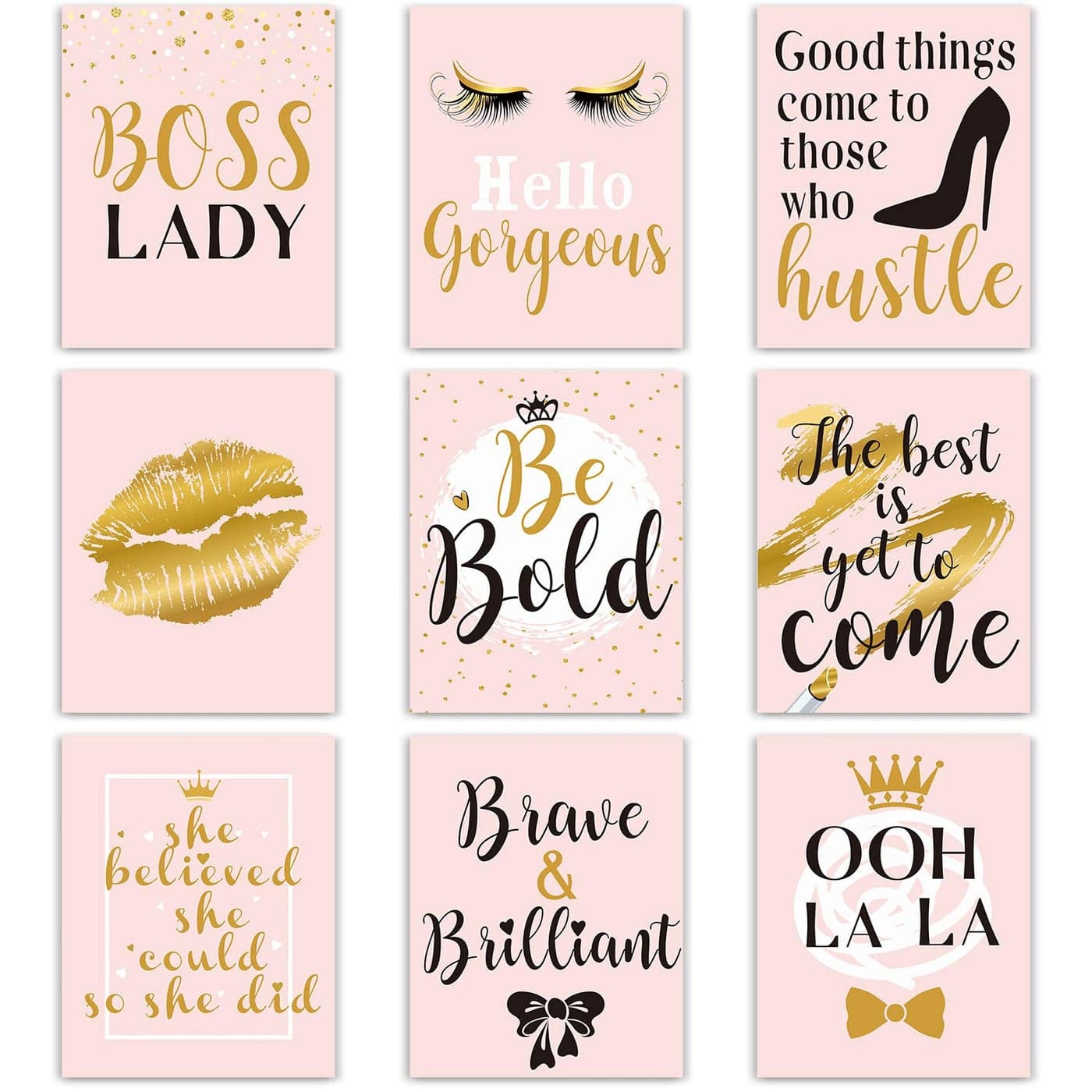 9 Pcs Inspiration Wall Decor for Women, Pink and Gold Makeup Lash Lips Wall Art Poster, Motivational Quotes Fashion Prints for Women Bathroom Bedroom Home Decor, 8 x 10 Inch, Unframed