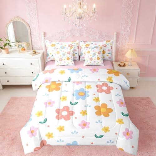 Erosebridal 7 Piece Cute Flower Comforter Sets with Sheets, Pink Floral Bedding Set Twin for Boys Sweet Girls Botanical Bed in A Bag Colorful Flowers Bed Set