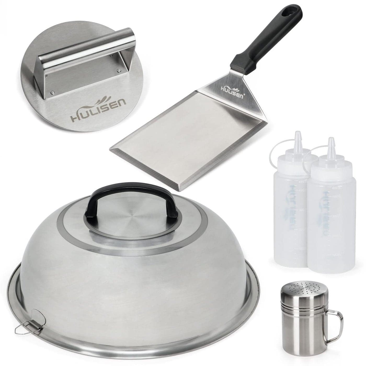 HULISEN Smashed Burger Kit Burger Press 12 Inch Basting Cover Grill Spatula Spice Dredge Shaker and 2 Squeeze Bottles Griddle Accessories Kit for Flat Top Griddle Grill Cooking Gift Package