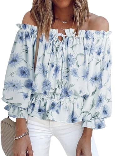 BLENCOT Women's 3/4 Ruffle Sleeve Off Shoulder Chiffon Blouse Summer Floral Print Casual T Shirts Sky Blue M