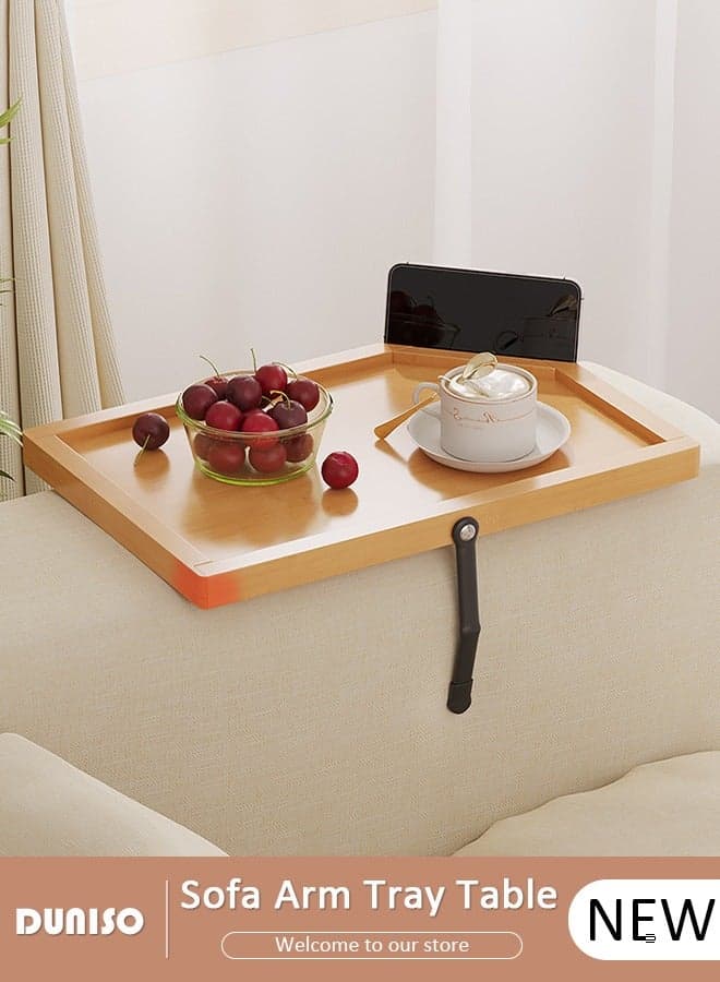 Bamboo Sofa Armrest Tray, Foldable Armrest Tray for Small Spaces, Portable Couch Armrest Table with Phone Holder, Sofa Tray Table Clip for Wide Couches, TV Table and Side Tables for Eating Drinks Snacks Remote Control