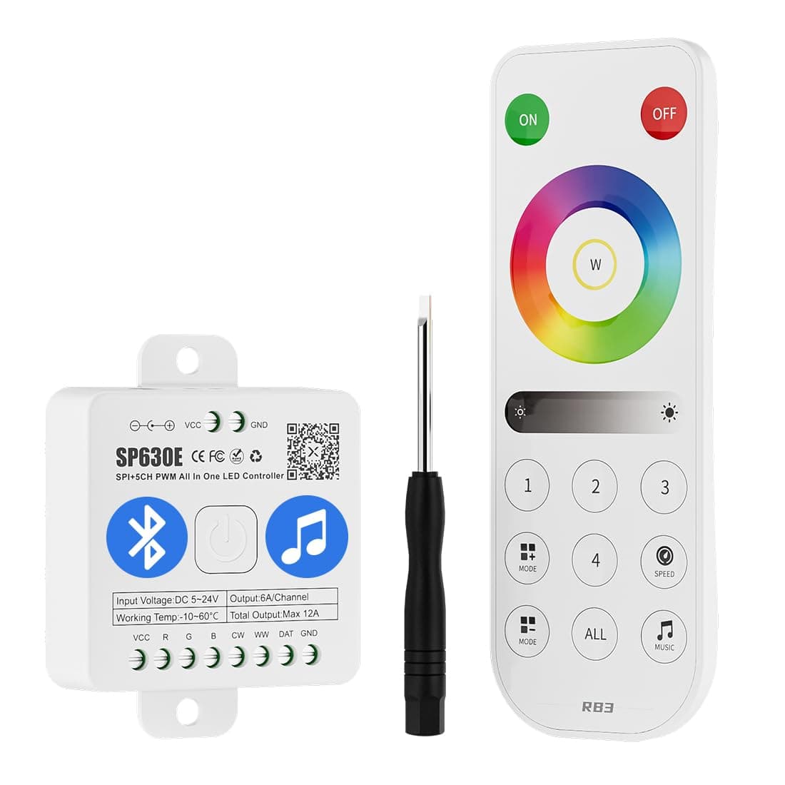BTFLIGHTING SP630E Bluetooth Controllers 4 Zones 24GHz RF RB3 Remote Kit Support FCOB COB SMD PWM or SPI RGB RGBW LED Strip WS2811 WS2812B WS2814 WS2815 SK6812 IC etc DC5V DC12V DC24V