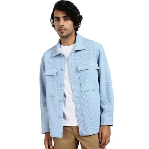 NOBERO Polyester Blend Men's Standard Length A-Line Coat (1M-TWJK-R0003_Powder Blue, Large