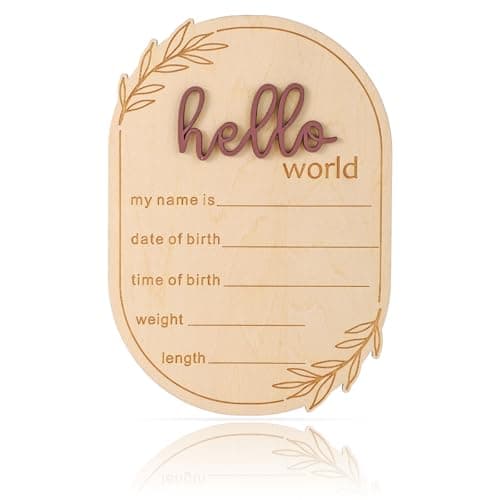 Baby Announcement Sign Wooden Hello World Newborn Welcome Sign Name Plaque Personalized Birth Announcement Board for Hospital Photo Props Baby Shower Nursery Decor Brown
