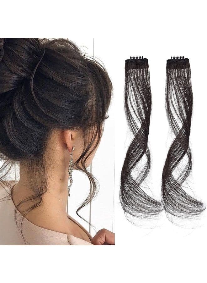 Long Side Air Bangs, Wavy Curly Clip in Curtain Bangs Front Side Bangs Face-Framing Highlights for Women Daily Use 2 PCS Set Long Temples-Black Brown