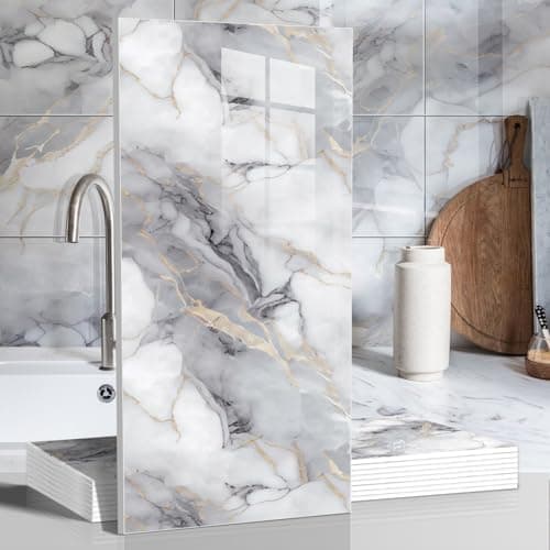 10pcs Marble Peel and Stick Waterproof Wall Panels,Heat-Resistant Backsplash Tile, 23.6"x11.8" PVC Foam Wall Sticker for Kitchen,Living Rooms,TV Walls,Colorful (Not Real Tile 19.4Sq. Ft.)