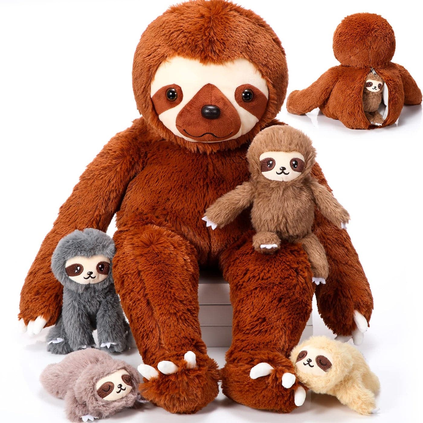 Kasyat 5 Pcs Sloth Plush Toy Set 13 Inch Mommy Sloth Stuffed Animal with 4 Cute Baby Plushies in Zippered Belly for Kids Birthday Gifts Home Decors Baby Shower Party Favors(Brown)