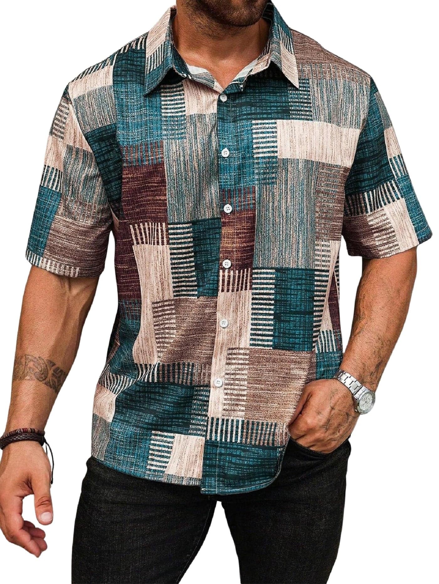 Lymio Mens Clothing Cotton Regular Fit Patchwork Printed Casual Shirt Green (Turkys-Green-2XL)