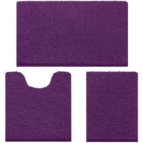 HOMEIDEAS 3 Pieces Bathroom Rugs, Ultra Soft Non Slip Absorbent Chenille Toilet Bath Mat Set (Purple)