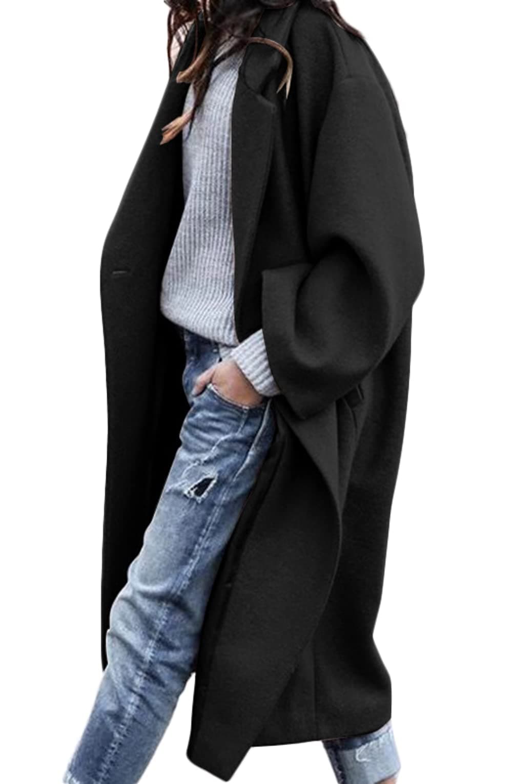 CHARTOU Womens Oversized Notched Collar Wool Blend Single Breast Midi Long Trench Coat Medium Black