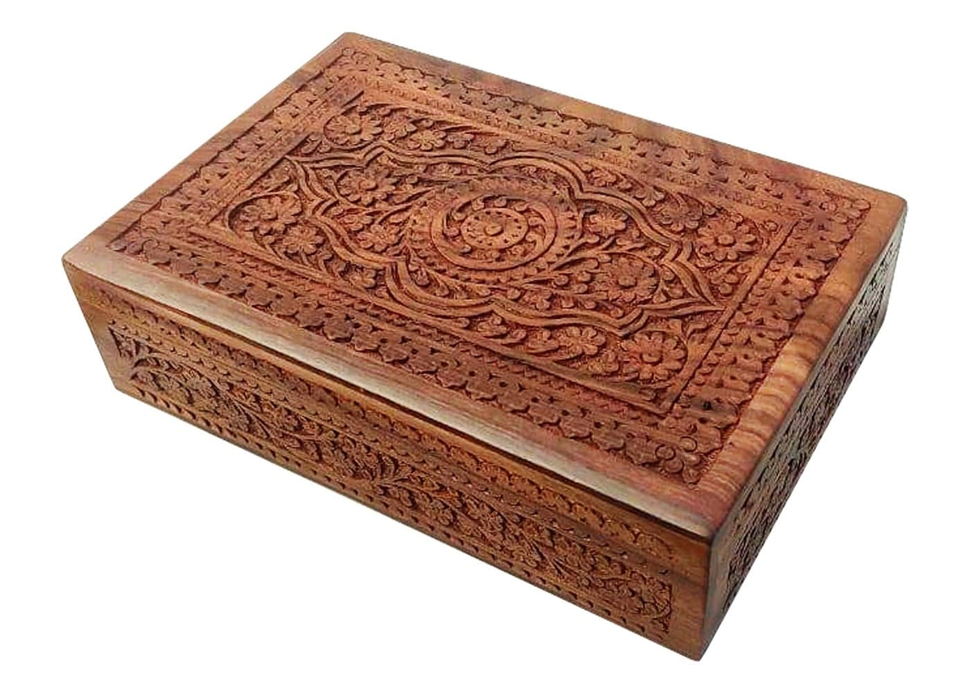 CRAFTCASTLE Handmade Sheesham Wooden Storage Box | Hand Carved Jewelry Box with Velvet Lining | Decorative Gift Box for Home & Office | 12 x 8 x 3.5 Inches (Floral Medallion Center Design)