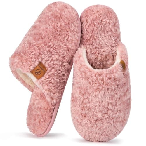 EverFoams Women's Fuzzy Slip-on Slippers Warm Cozy Soft Lightweight Memory Foam Indoor House Shoes Pink, 7-8 US