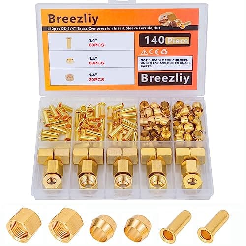 Breezliy 140PCS 1/4 Inch Compression Fittings Assortment kit- 60 Brass Compression Sleeve Ferrule, 60 Brass Insert & 20 Nuts - Used to Connect Lines for air,Water,Fuel,Oil and inert Gases