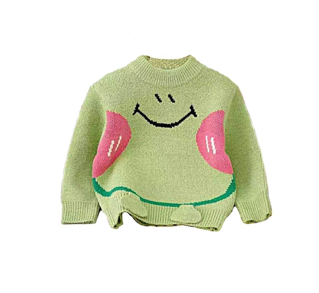Bold N Elegant 3D Happy Face Patch Kid's Full Sleeve Warm Woolen Winter Holiday Party Pullover Sweater Cardigan for Boys & Girls (2-3 Years, Green)