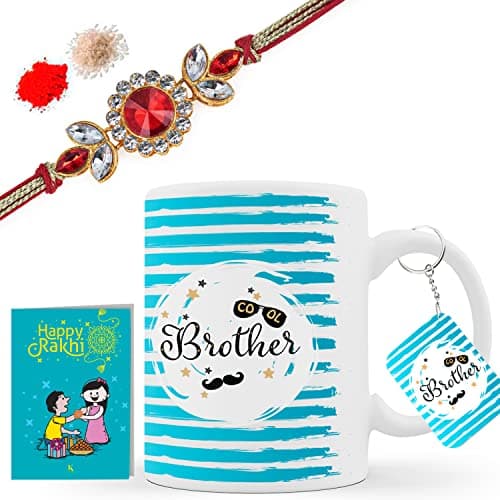 Kaameri Bazaar Rakhi Gift for Brother | Rakhi with Ceramic Coffe Mug, Roli Chawal Pack, Keychain and Greeting Card - Cool Brother
