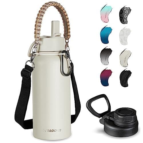 KXIAOCHEN Insulated Water Bottle, Stainless Steel Water Bottle, 2 Lids (Straw and Handle Lid),Wide Mouth Metal Water Bottles Keep Hot and Cold, Double Walled, Thermo Mug, Metal Canteen
