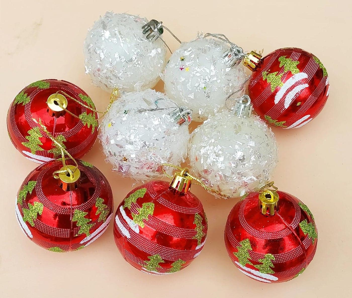 Partunay Set of 6 Pcs Red and Snow White Balls Christmas Xmas Tree Hanging Ornaments Xmas Christmas Decoration Item Christmas Ornaments