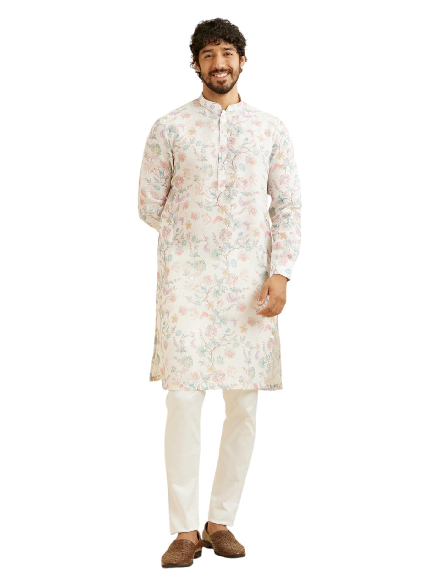 Manyavar Men's Cotton Blend Floral Print Long Kurta (White,XL)