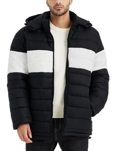 BEST SOUTH Men's Winter Puffer Jacket Hooded Puffy Fleece Warm Lightweight Coat Outerwear Cold Weather Black/White/Black X-Large