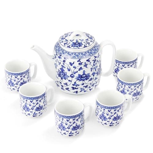 fanquare Chinese Blue and White Porcelain Teapot Set Traditional Kung Fu Tea Sets with 6 Cups for Loose Leaf Tea Adults