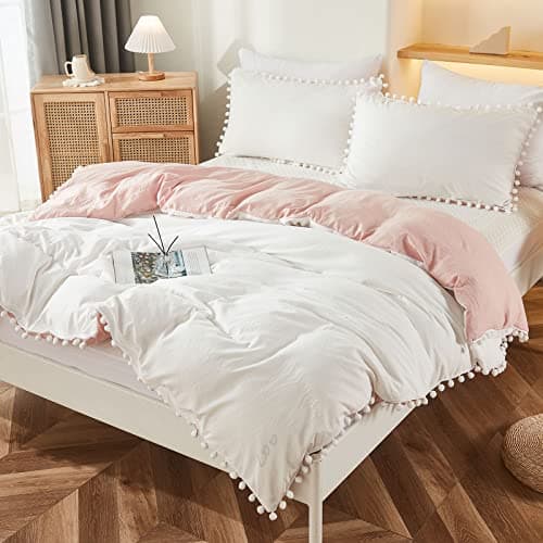 Bedbay Boho Queen Duvet Cover Teen Girls Preppy Bedding Set Cute Pom Pom Fringe 3 Pcs White and Pink Reversible Bedding Super Soft Lightweight Farmhouse Aesthetic Room Decor (White&Pink,Queen)