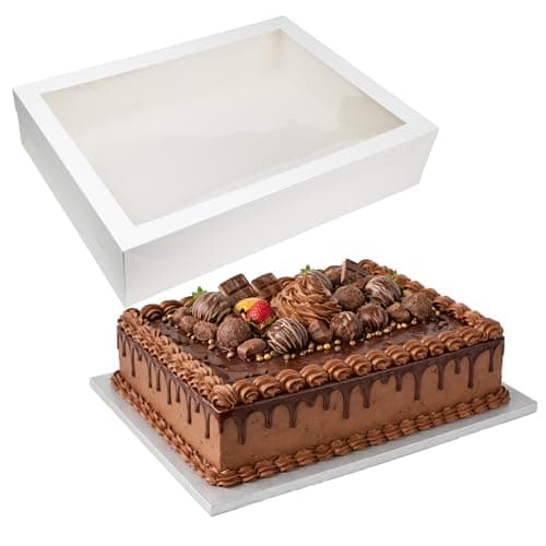 Paremmin 14x19x4 inches Cake Box with Cake Drum Half Sheet White Box with 1/2 inch Thick Silver Cake Board, Rectangle Bakery Box with Window Lid and Cake Board Combo, Disposable Container for Bakery