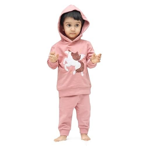 ARIEL Kids Cotton Fleece Full Sleeve Hoodie Sweatshirt & Sweatpant Clothing Set for Girls (ROSEWHTHORSE_12-18 month)