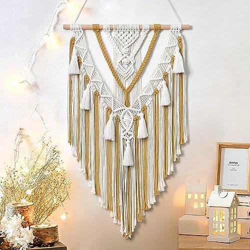 Kaahira Polycotton Macrame Boho Home Wall Hanging Decor Tapestries | Handmade Bohemian Decor Art For Bedroom, Living Room, Office | Unique Gifting Item (Yellow), 70 Centimeters