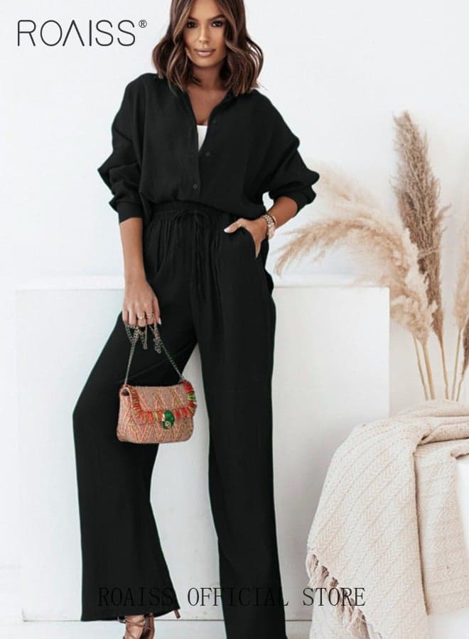 Ladies Comfortable Cotton Linen 2 Piece Suit for Daily Commute - Shirt and Wide Leg Pants Set with Simple Loose Fit Design for Leisure, Women's Outfit Sets Black