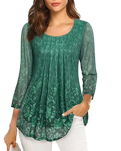 VALOLIA Tops for Women Work Casual, Womens Tunic 3/4 Sleeve Shirts for Women Plus Size Office Elegant Formal Blouse Sheer Sleeve Tops for Women for Evening Wear Multicolor Green-2 X-Large