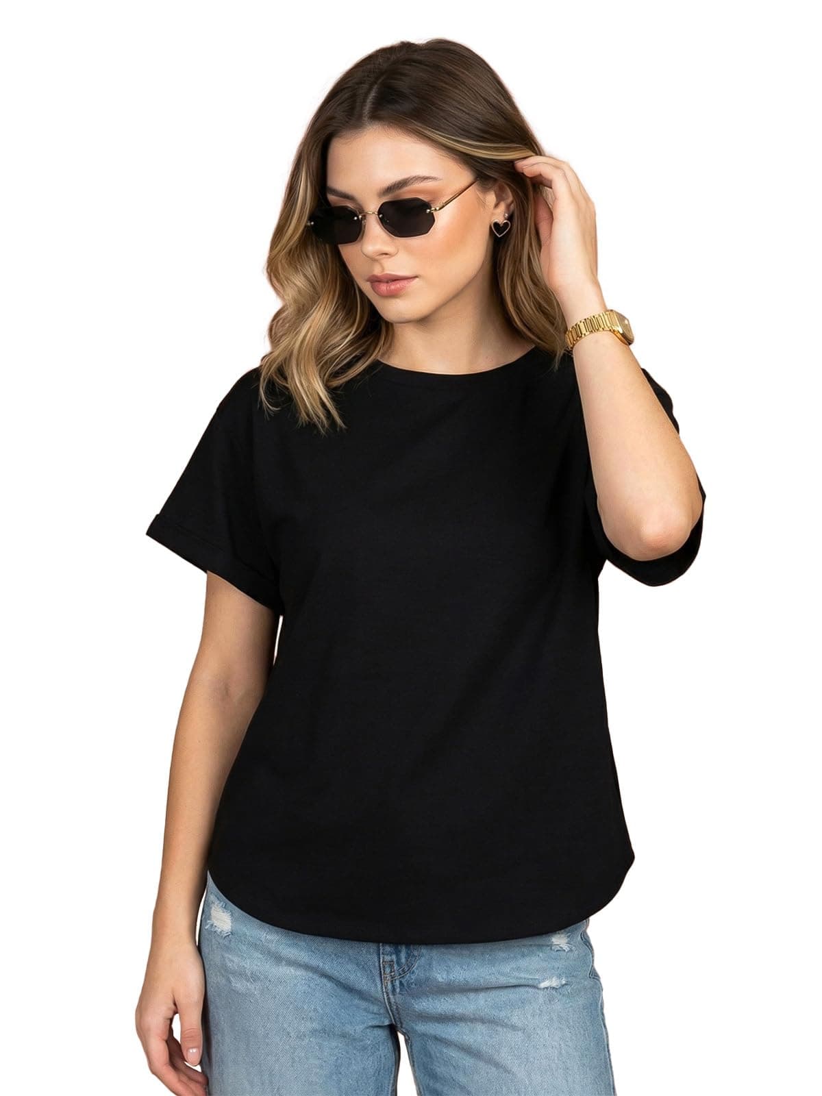 JUNEBERRY® Pure 100% Cotton Oversized Fit Round Neck Half Sleeves Boyfriend T-Shirt for Women & Girls (JTS0324PL44_XXL) Black