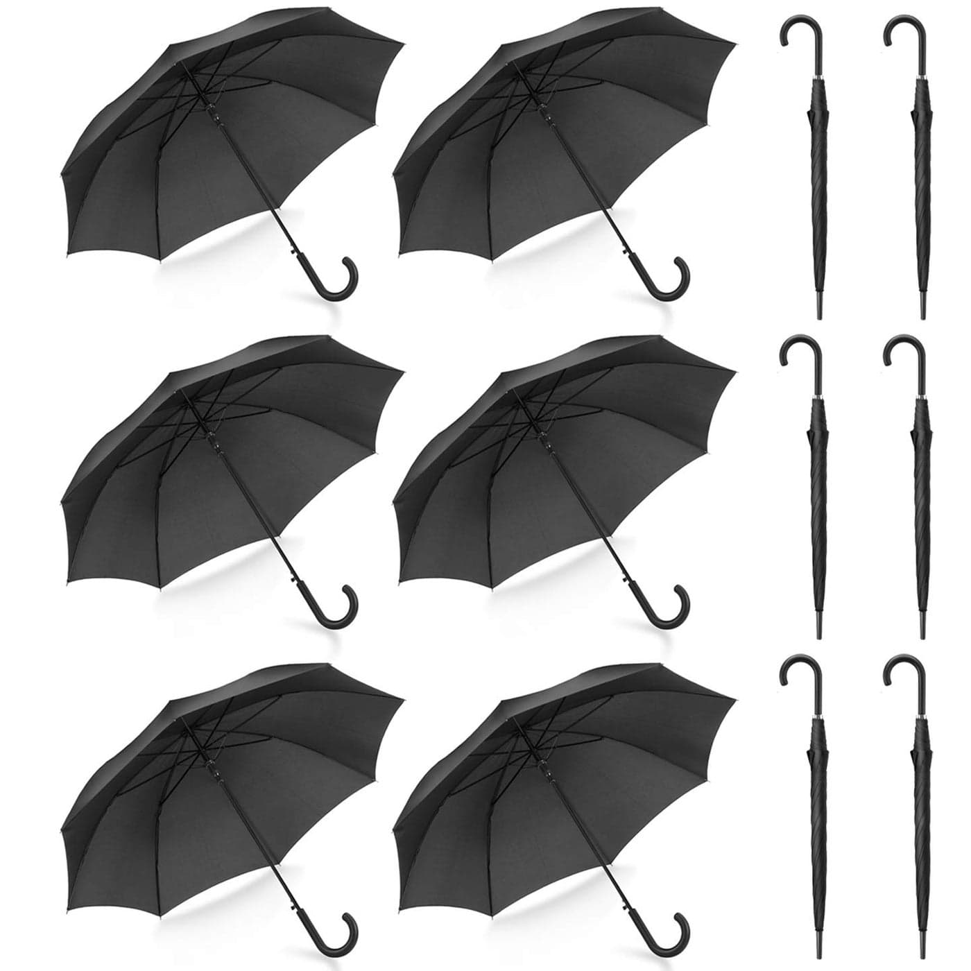 Liberty Imports Pack of 12 Parties Events Stick Umbrellas 46 Large Canopy Windproof Auto Open J Hook Handle in Bulk Matte Black