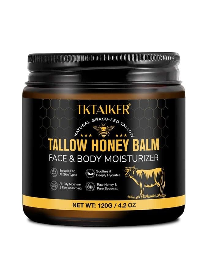 Beef Tallow for Skin, Beef Tallow for Face, Hydrating Tallow Balm with Raw Honey and Beeswax, Grass-Fed Beef Tallow & Raw Wild Honey Blend, Body & Face Moisturizer, Natural Formula, Light Scent