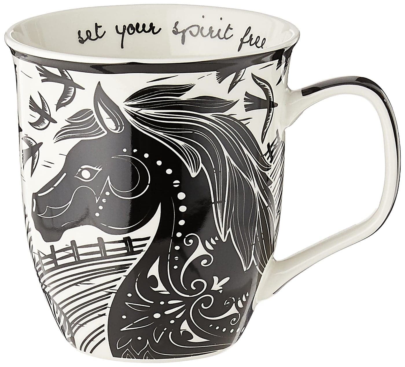 Karma Gifts 16 oz Black and White Boho Mug Horse Cute Coffee and Tea Mug Ceramic Coffee Mugs for Women and Men