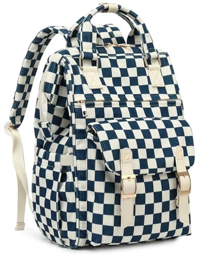 Lrenagao Laptop Backpacks for Women, Corduroy High School College Bookbag 15.6 Inch Laptop Bags for Girls Travel Daypack - Checkered Navy Blue