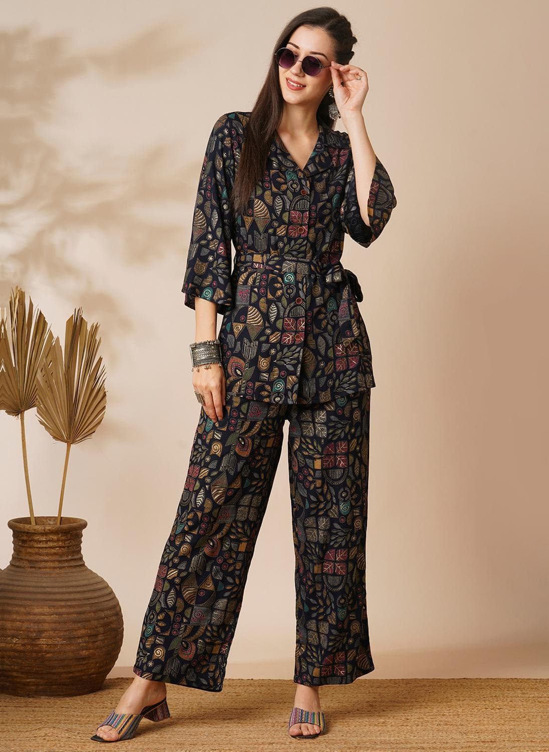 Globus Women Blue Abstract Gold Foil Print Shirt Style Top & Pant
