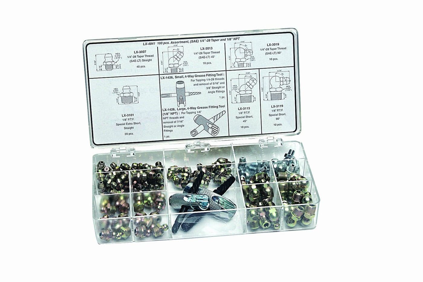 Lumax LX-4841 Gold/Silver (SAE) 1/4"-28 Taper and 1/8" P.T.F. 100 Piece Grease Fitting Assortment. Designed to meet the demanding requirements of most Automotive, Agricultural, Industrial