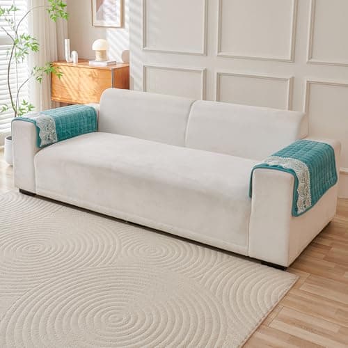 HOKIPO 'BelleLace Series' Imperial Milk Velvet Anti-Slip Sofa Armrest Covers with Lace | 1 Pair - Teal (AR-5961-TEAL*2)