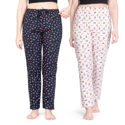 Real Basics Women's Cotton Printed Pyjama Pack of 2(RB-W-PJ-XXL-P2-S1(Cherry+Break)_Multicolor_XXL)