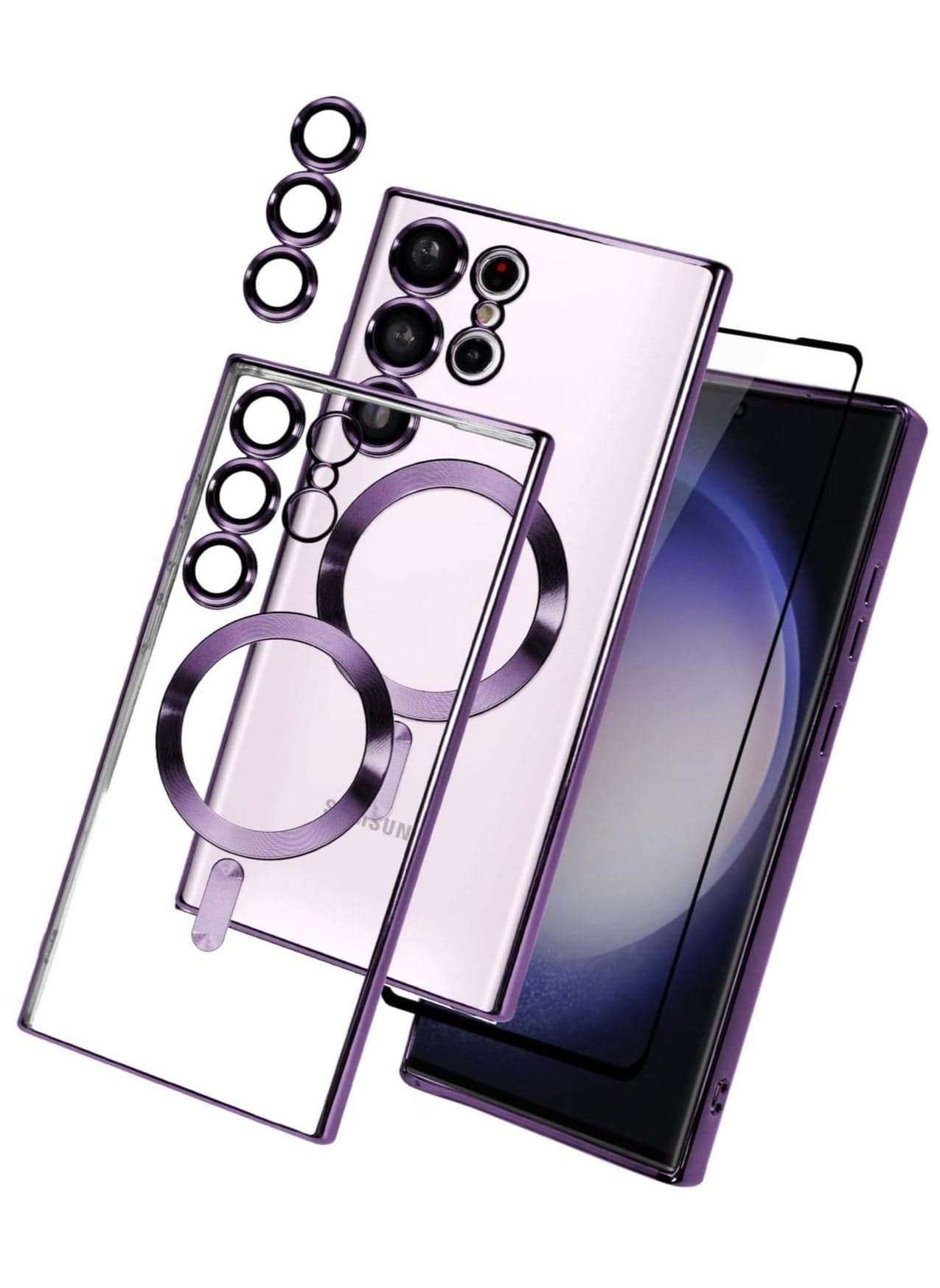 Compatible with Samsung Galaxy S24 Ultra Plating Magnetic Case with Camera Lens Protector Magnetic Cover Soft TPU Clear Body Slim Fit Shockproof Case for Samsung Galaxy S24 Ultra-Purple