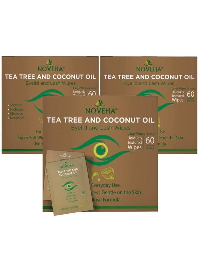 Tea Tree & Coconut Oil Eyelid & Lash Wipes | For Demodex, Blepharitis & Itchy Eyes - Effective Eyelash Wipes With Aloe Vera, Natural Makeup Remover & Daily Eye Cleanser - 60PCS (Pack of 3)