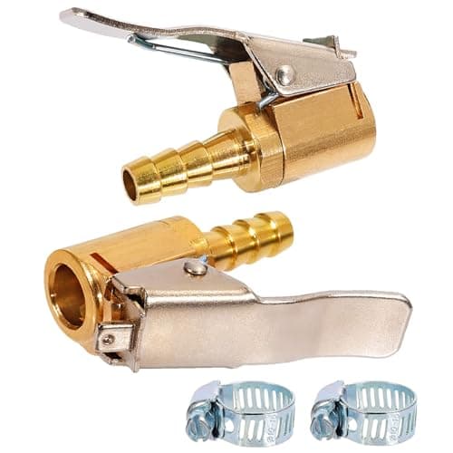 Toolwiz Lock on Air Chuck Inflate Locking with Clip 14 Inch Brass Portable Tire Inflator Nozzle Presta Valve Adapter Tire Chucks Air Compressor Attatchments Hose End with Barb Connector2pcs