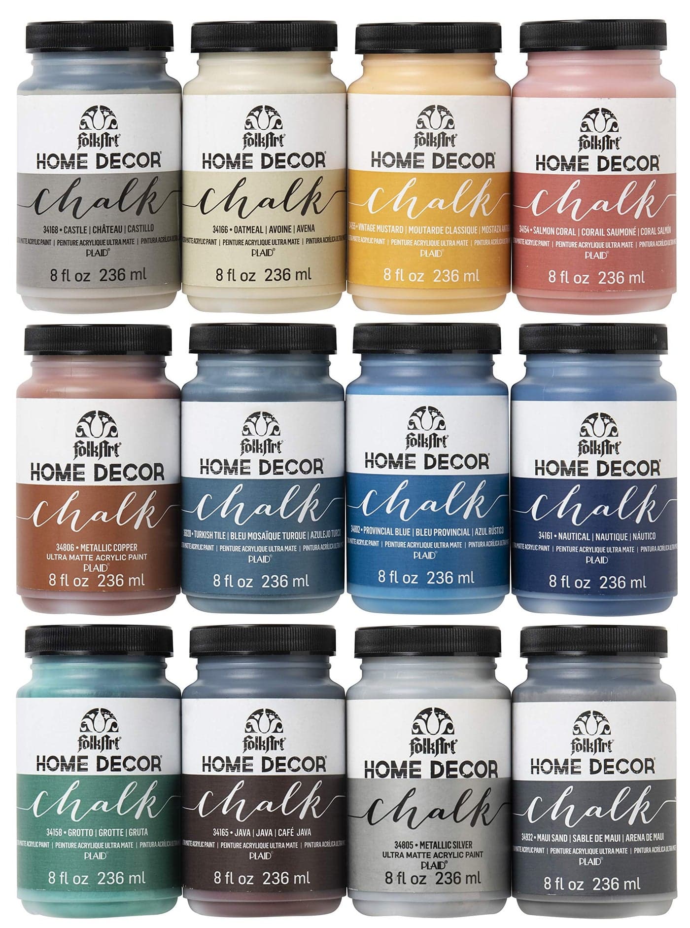 FolkArt Home Decor Ultra Matte Chalk Finish Acrylic Craft Paint Set Formulated for NoPrep Application Designed for Beginners and Artists 8 Fl Oz Pack of 12