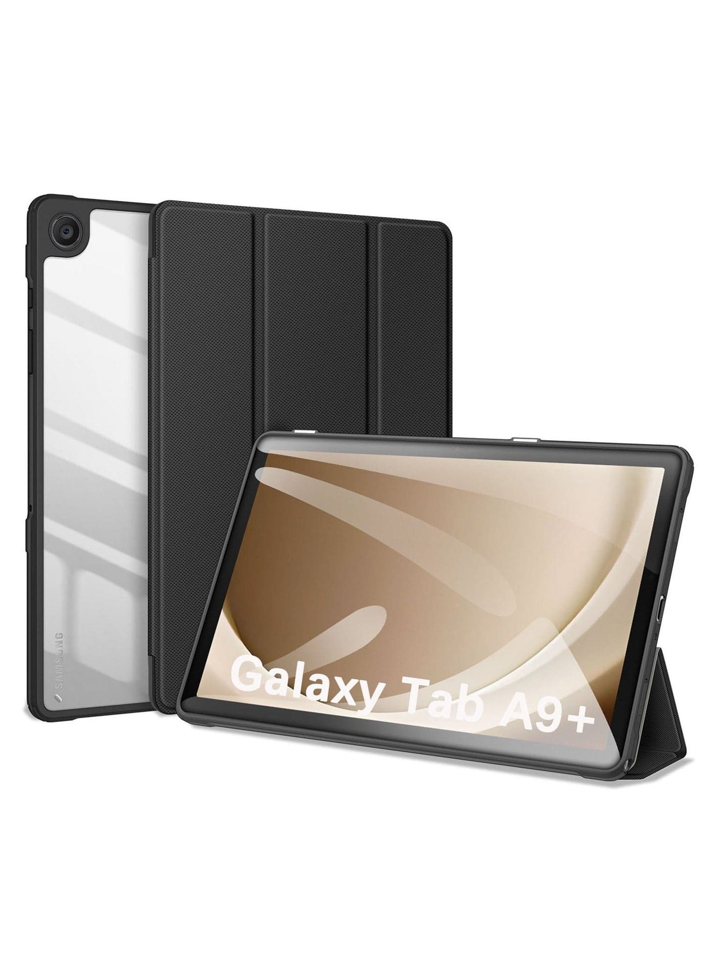 Case for Samsung Galaxy Tab A9 Plus 11-Inch 2023, Clear Transparent Hard PC Back, Protective Trifold Stand Slim Tablet Cover, Auto Wake/Sleep (Black)