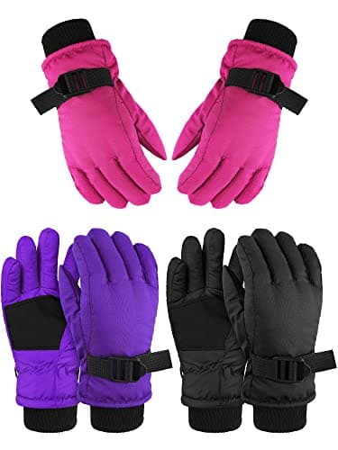 3 Pairs Kids Ski Snow Full Finger Multicolor Gloves Winter Waterproof Warm Mitten for Boy Girl Children (Rose Red, Purple, Black, 3-5 Years)